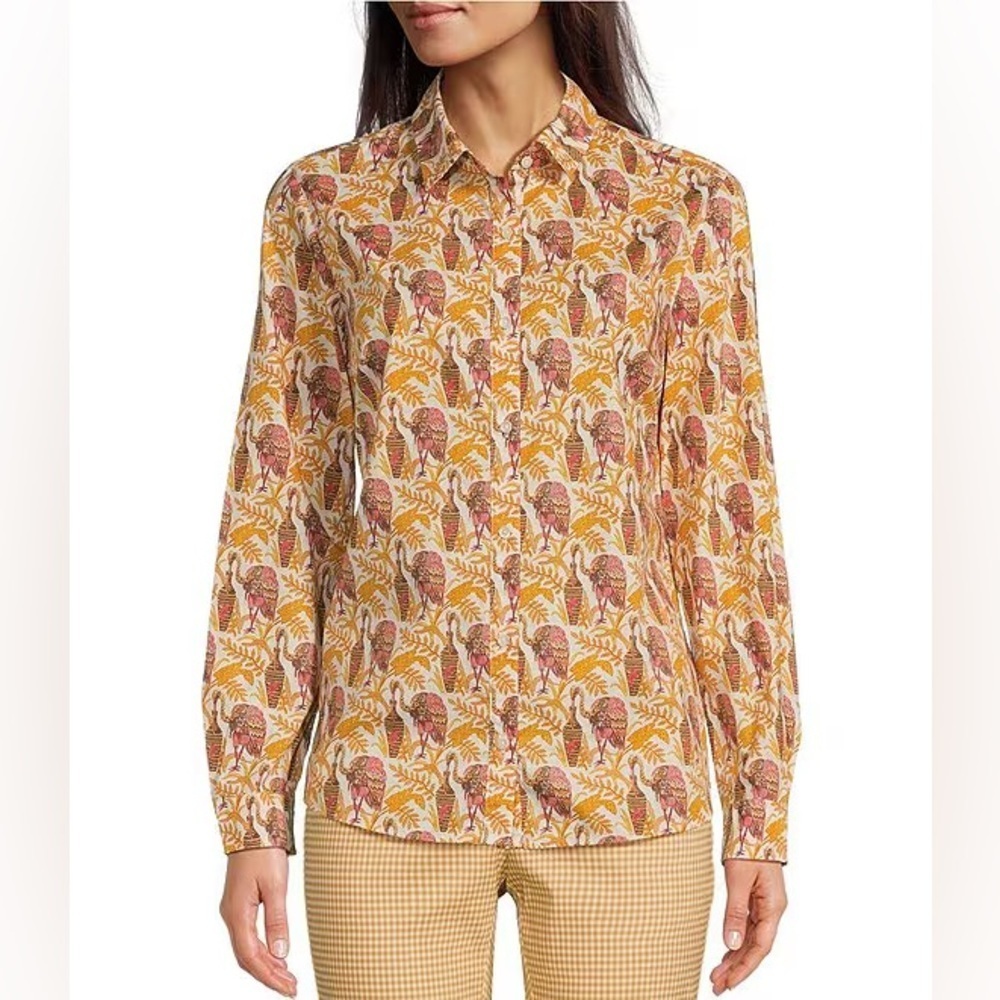 J.McLaughlin Lois Cotton Poplin Flamingo Print Point Collar Long Sleeve Button
